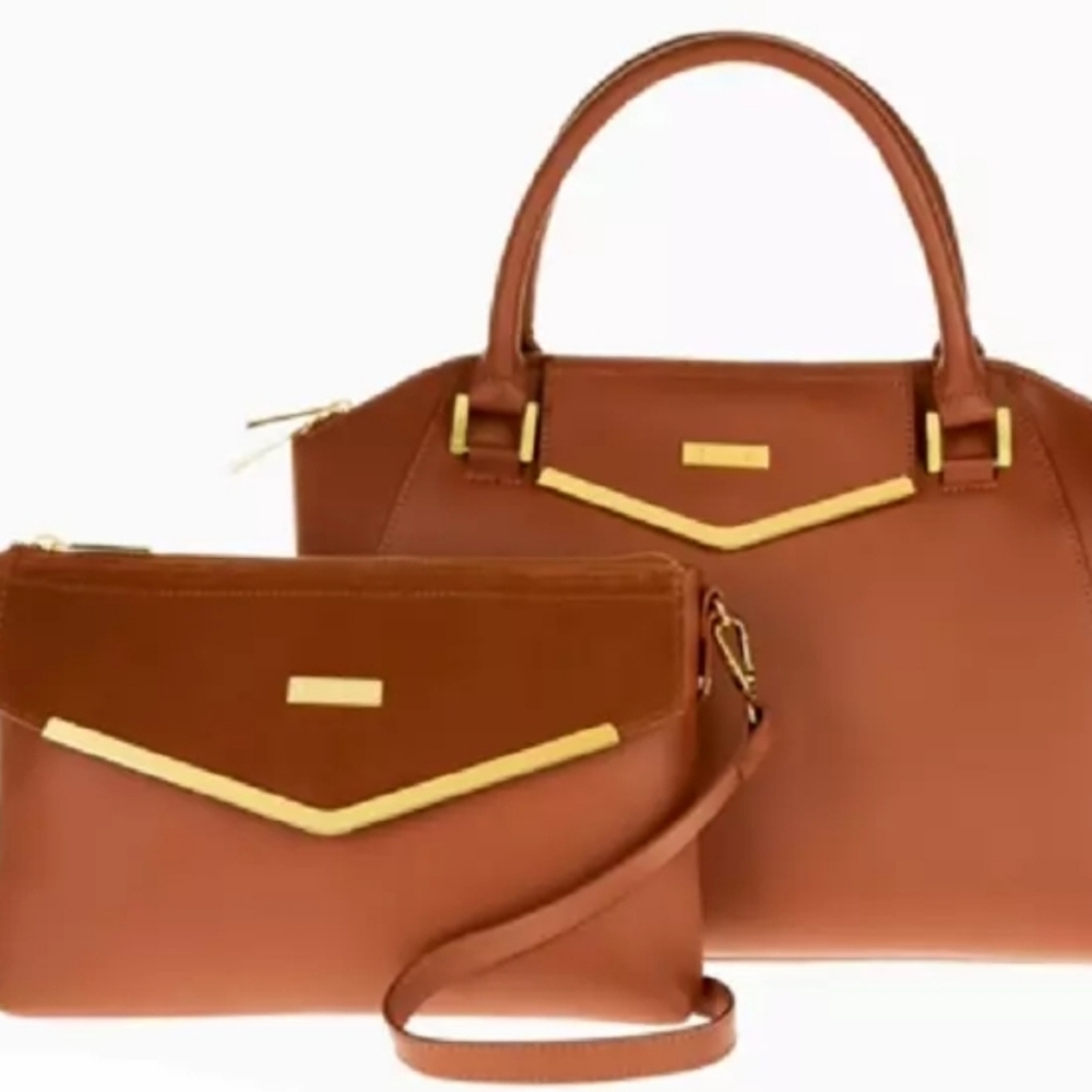 Joy and Imani Leather Cognac Tote Bag with Matching Clutch